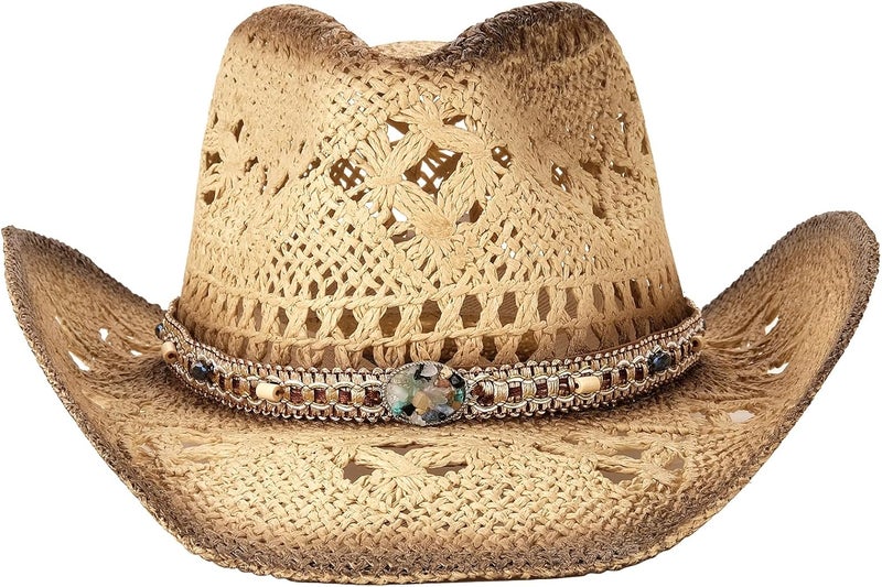Foeran Men's Women's Straw Cowboy Hat Cowgirl Woven Sun Hat Western Cowboy Hat Two Decorative Bands - Image 2
